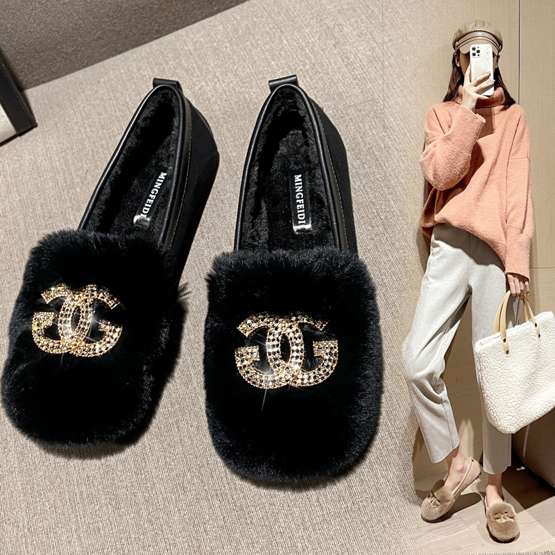 Mocasines Otoño e Invierno de las mujeres con forro polar 2023 nueva moda rhinestone hebilla Rex zapatos de piel de conejo desgaste exterior zapatos planos slip-on image 3