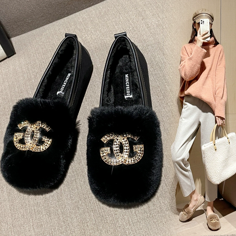 Обувь-фасоль Женская осенне-зимняя на флисовой подкладке 2023 Новая модная обувь из меха кролика рекс пряжкой со стразами носить педаль на плоской подошве