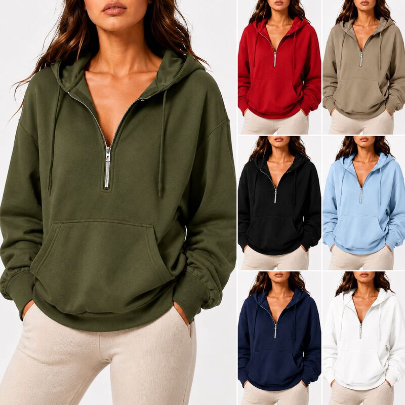 2026 Foreign Trade Autumn New Cross-Border European and American Style Loose Hooded Half-Zip Pocket Autumn and Winter Casual Sweatshirt for Women