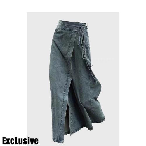 Vintage Unique Cowboy Half-Body Skirt for Women - Summer 2025 High-Waisted Slimming Strappy Design Skirt with a Sense of Style, Minority Open-Front Skirt