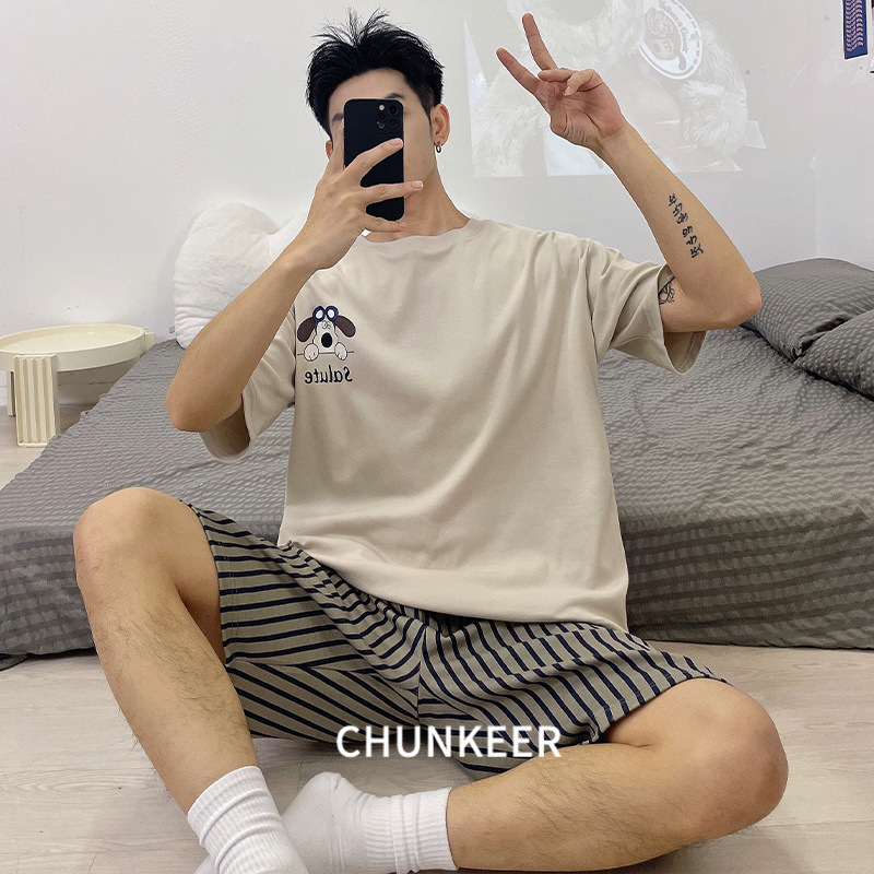 Cross-border Live Broadcast Men's Summer Printed Short-sleeved Shorts Pajamas Men's Summer Pullover Casual Japanese Style Outfit