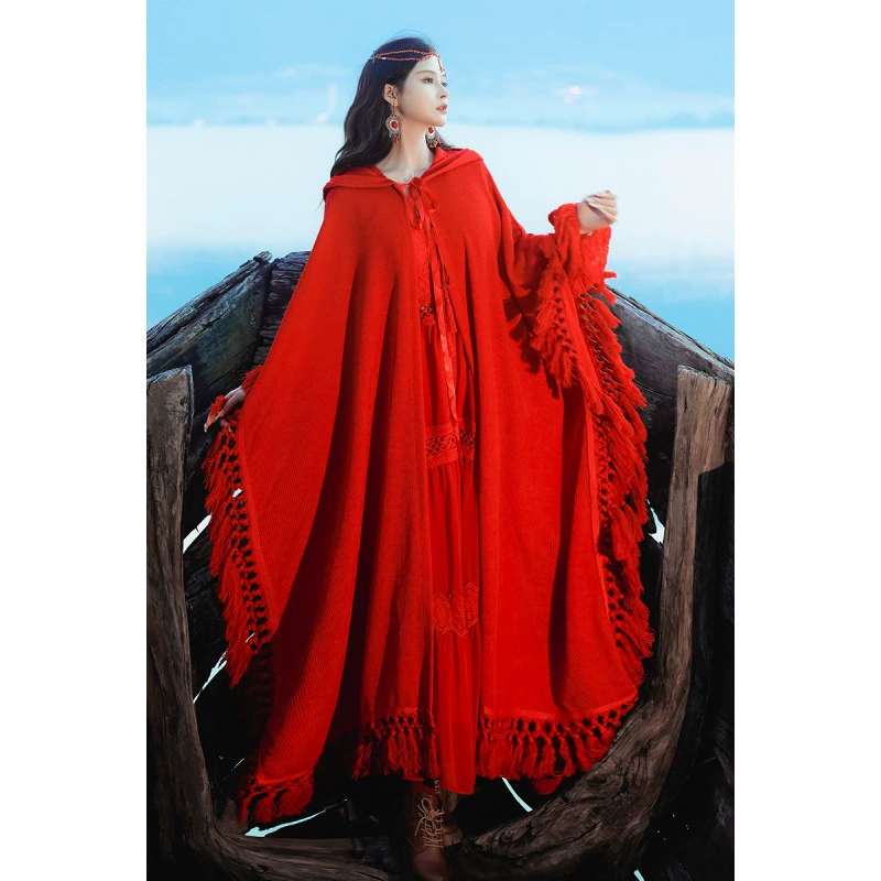 Бордовый тренч из провинции Цинхай с капюшоном, oversize