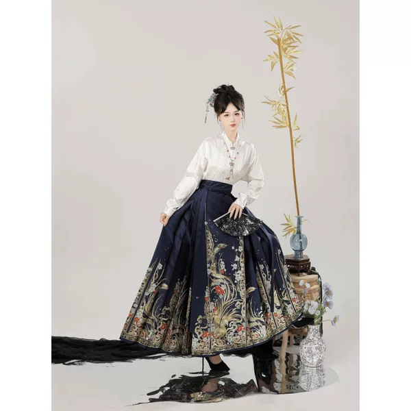 【Xiangrui】Imitation Makeup Floral Jacquard Horse Face Skirt + White Dark Pattern Jacquard Shirt