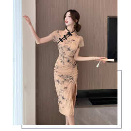 夏季新款少女烫金碎花网纱修身开叉气质连衣裙中式旗袍技师工作服