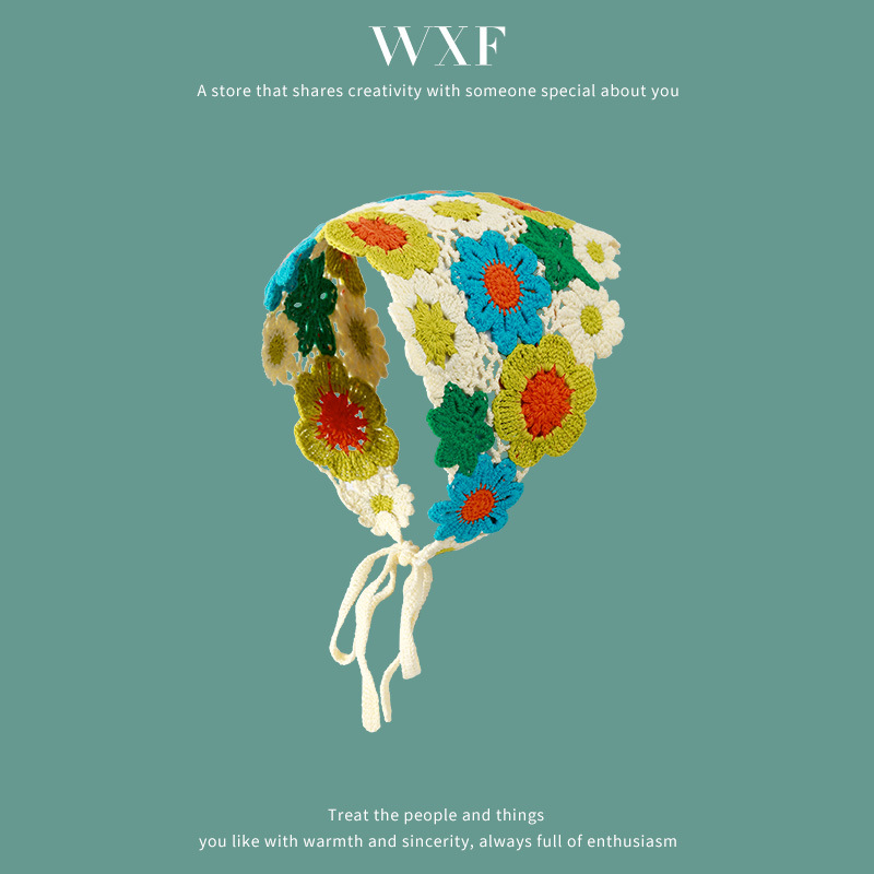 Francés vintage turbante mujer turbante triángulo de dopamina viaje dulce encantador gancho flores estilo de arte de punto de moda correa de pelo