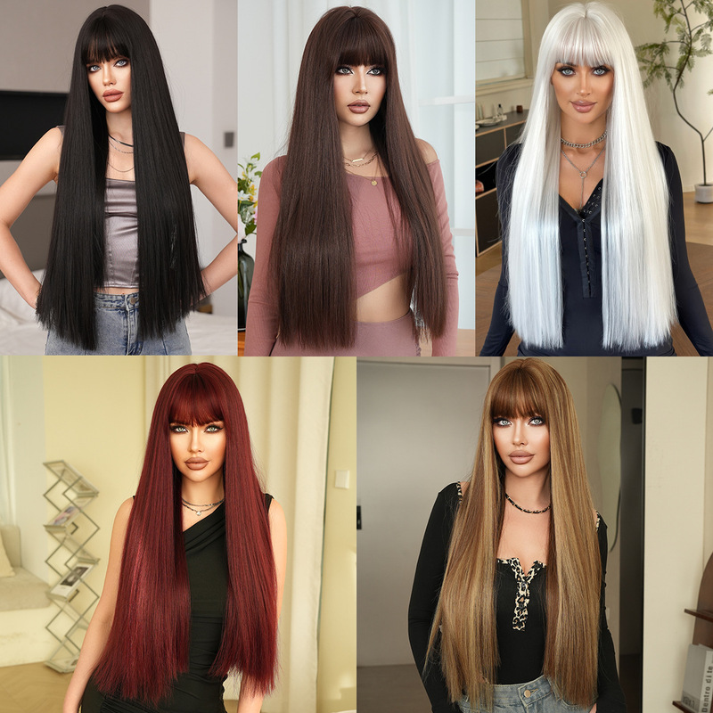 High-Quality One-Piece Ultra-Long Straight Hair 28in Wig for Women with Bangs, Suitable for Everyday Wear, Age-Reducing Jk Black Wig Set for Women High-Quality One-Piece Ultra-Long Straight Hair 28in Wig for Women with Bangs, Suitable for Everyday Wear, Age-Reducing Jk Black Wig Set for Women