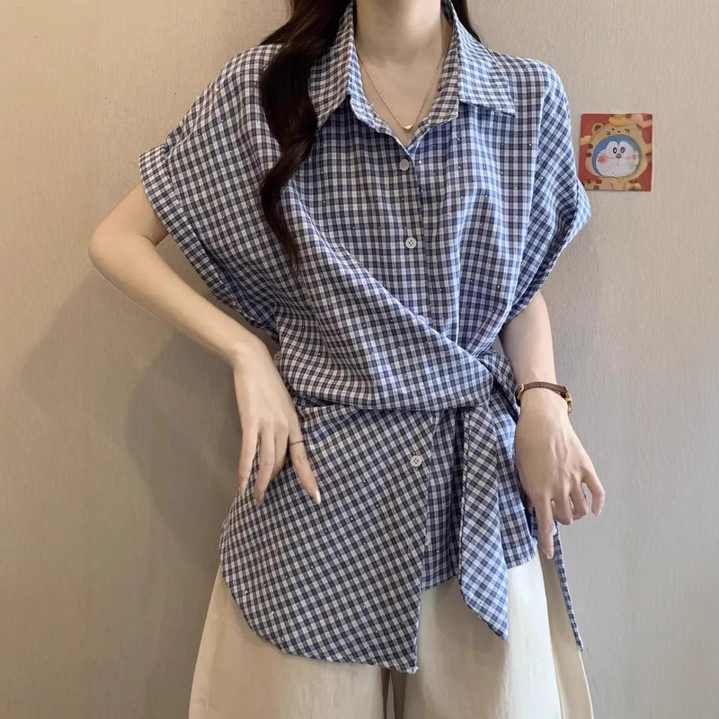 French Design Strappy Plaid Short-Sleeved Shirt for Women Summer Plus Size Fat mm Unique and Chic Waist Mid-Length Top