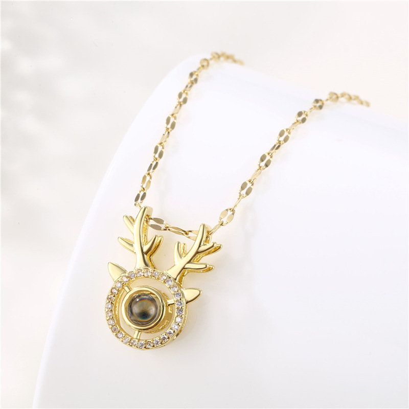 Zircon Projection Necklace Stainless Steel Antlers 100 Languages I Love You Necklace Deer Clavicle Chain display picture 3