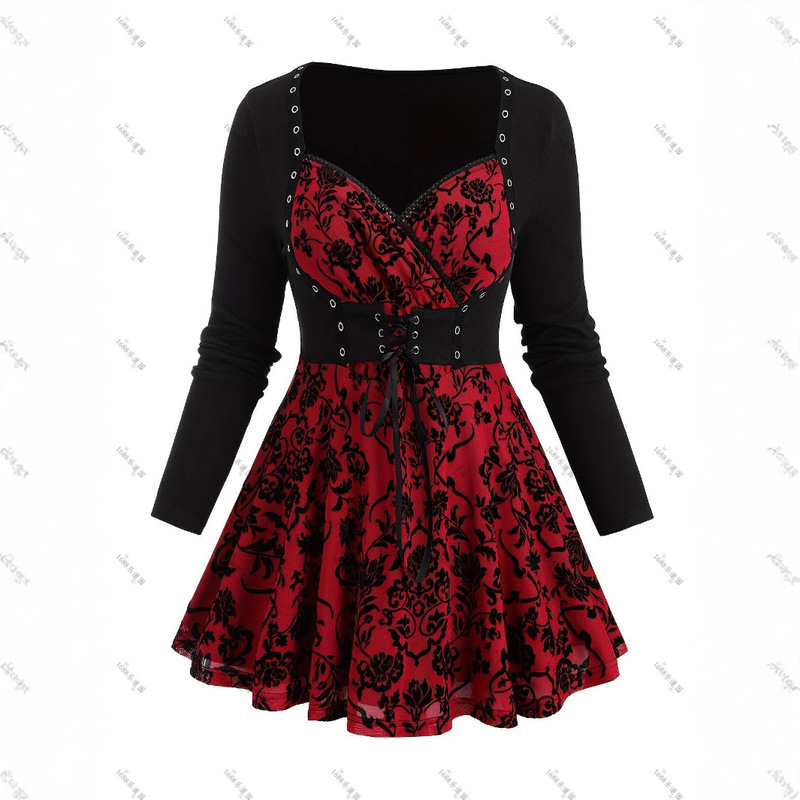 European and American Cross-Border Plus Size Women's Clothing Spring & Fall Gothic Style Flower Print V Neck Long-Sleeved Women's Tops Christmas Party Clothing European and American Cross-Border Plus Size Women's Clothing Spring & Fall Gothic Style Flower Print V Neck Long-Sleeved Women's Tops Christmas Party Clothing