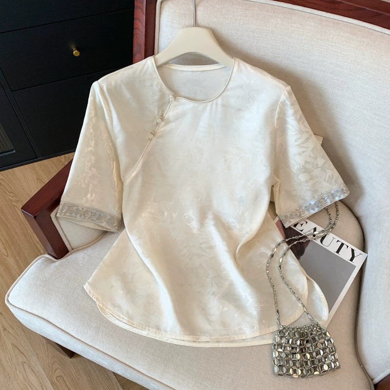 Шелковая леди новая китайская рубашка летняя шелковая шелковая рубашка с короткими рукавами