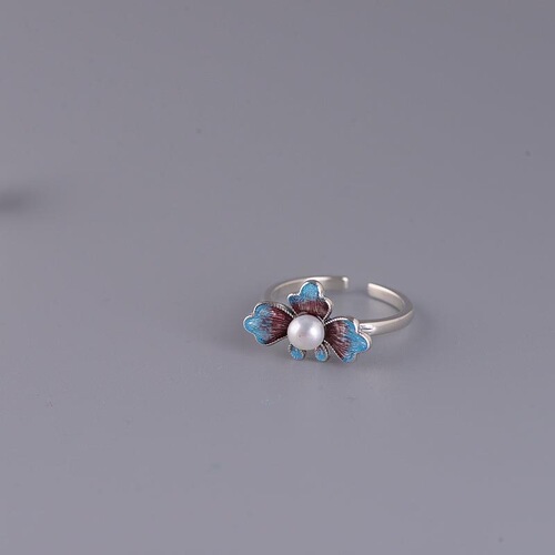 Peony Flower Ring S925 Silver Retro Women's Fashion Ethnic Style Enamel Set with Pearl Open Adjustable Ring