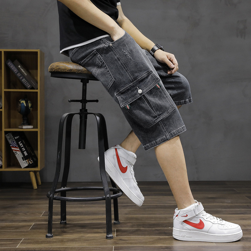 2025 Summer Men's Overalls Denim Shorts Men's Trendyy Loose Large Size Multi-Flap Pocket Pants Mid-Pants Casual Export