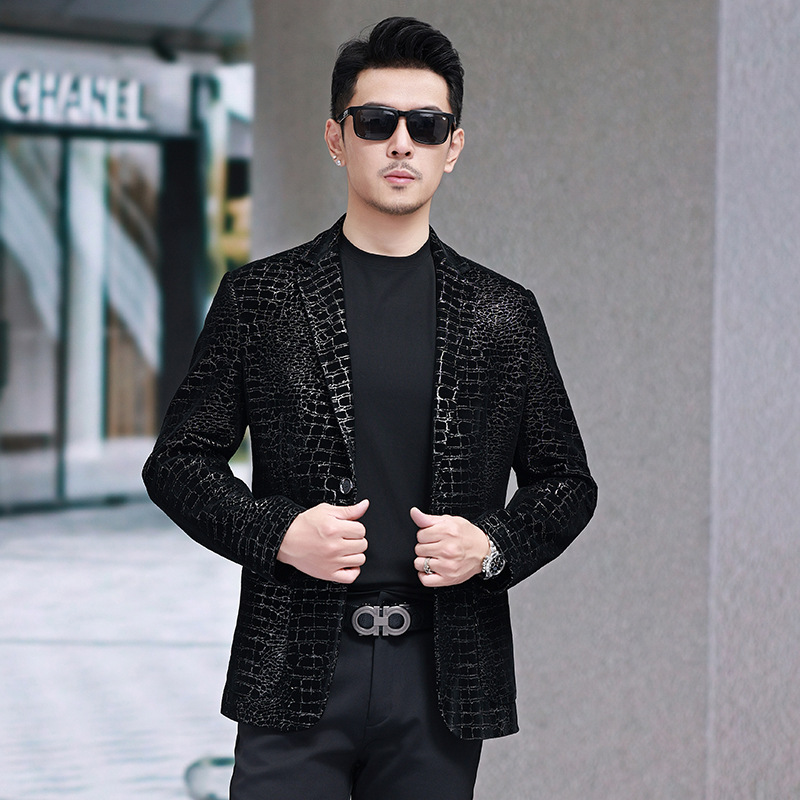 春秋款男士真皮皮衣鳄鱼纹西服商务休闲男装中年爸爸装夹克外套潮