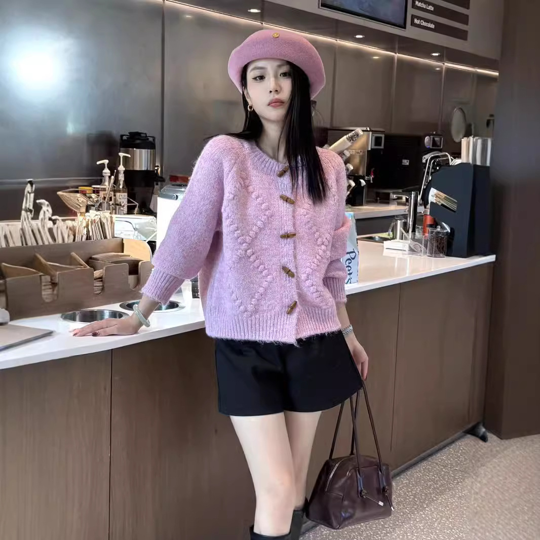 24 invierno Puyuan otoño invierno suéter 2024 nuevo retro corn de buey hebilla jersey suelto