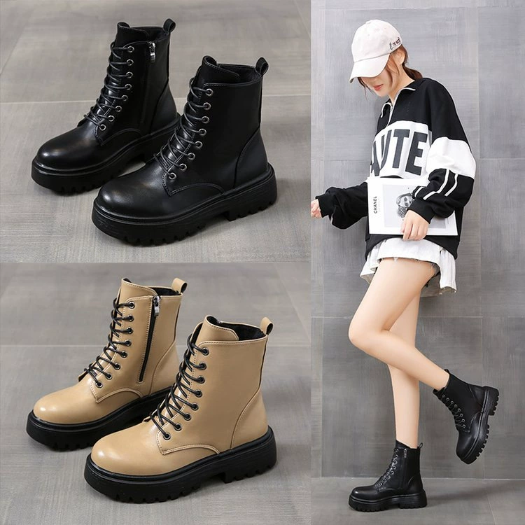 Короткие сапоги интернет-знаменитостей для женщин 2022, новые модные ботинки в британском стиле на массивном каблуке, женские ботинки на толстой подошве на шнуровке, осенне-зимние Ботинки Martin, женская обувь