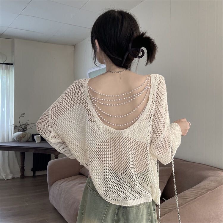 Loose Backless Pearl Chain Long-Sleeve Hollow-Out Knit Top Summer 2026 Korean Style Ice Silk Sun Protection Shirt for Women Loose Backless Pearl Chain Long-Sleeve Hollow-Out Knit Top Summer 2026 Korean Style Ice Silk Sun Protection Shirt for Women