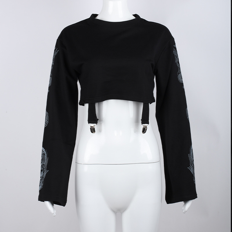 Felpa corta corta con stampa drago nera e scollo rotondo estivo ins2022 per donna_voghion.com