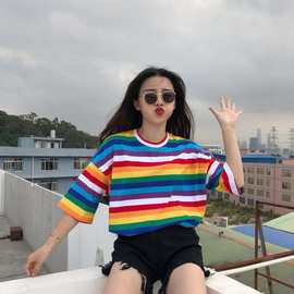 ins夏季丧系彩虹条纹短袖t恤女学生韩版宽松原宿风bf半袖女体恤衫