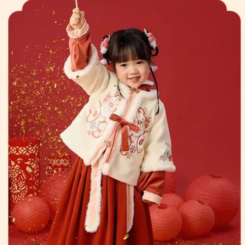 (2개) 고급 소녀 한푸 겨울 옷 기모 두꺼운 신년 옷 중국 스타일 명나라 스타일 어린이 당나라 세트  새해 세트
