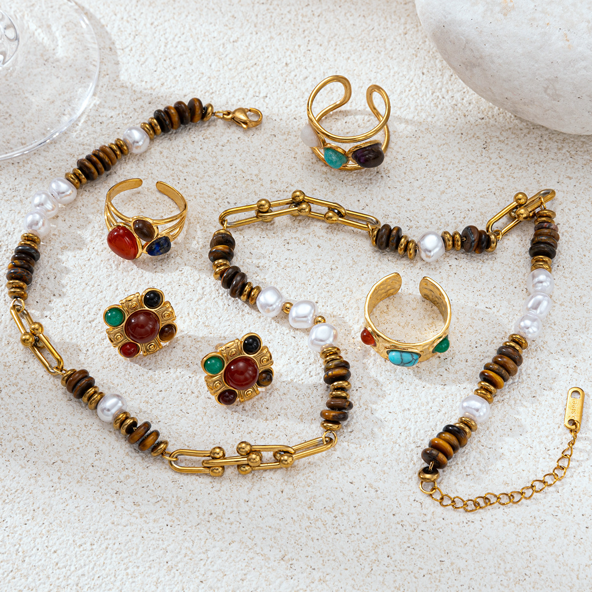 Collar de acero inoxidable de la UE y los Estados Unidos, lujo ligero, nicho universal, collar de piedra de ojo de tigre, conjunto de acero de titanio no se desvanece para mujeres