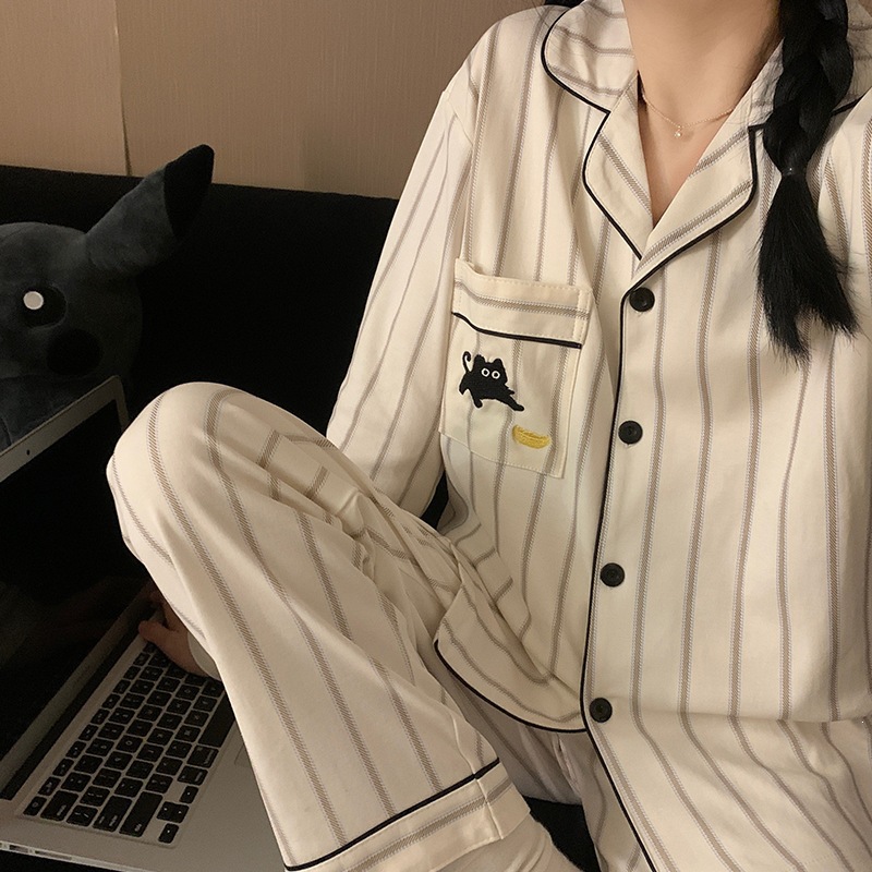 芬腾情侣睡衣春秋季新款长袖可爱黑猫韩版感条纹可外穿休闲舒适衣