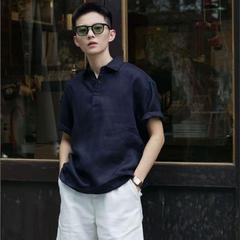 藏青色冰丝亚麻短袖POLO衫男士夏季薄款高级感老钱风宽松半袖上衣