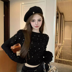 純粋な欲望のギャルの長袖の白いtシャツの婦人服の秋冬の重工業は身の中で底のシャツの短い上着をかけます。