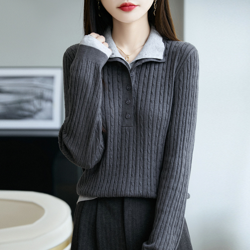 2025年早秋新款精纺羊毛高领针织衫长袖女扭花撞色修身显瘦假两件