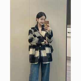 FELDER毛呢大衣女2023年新款格子韩系宽松赫本风呢子外套ins