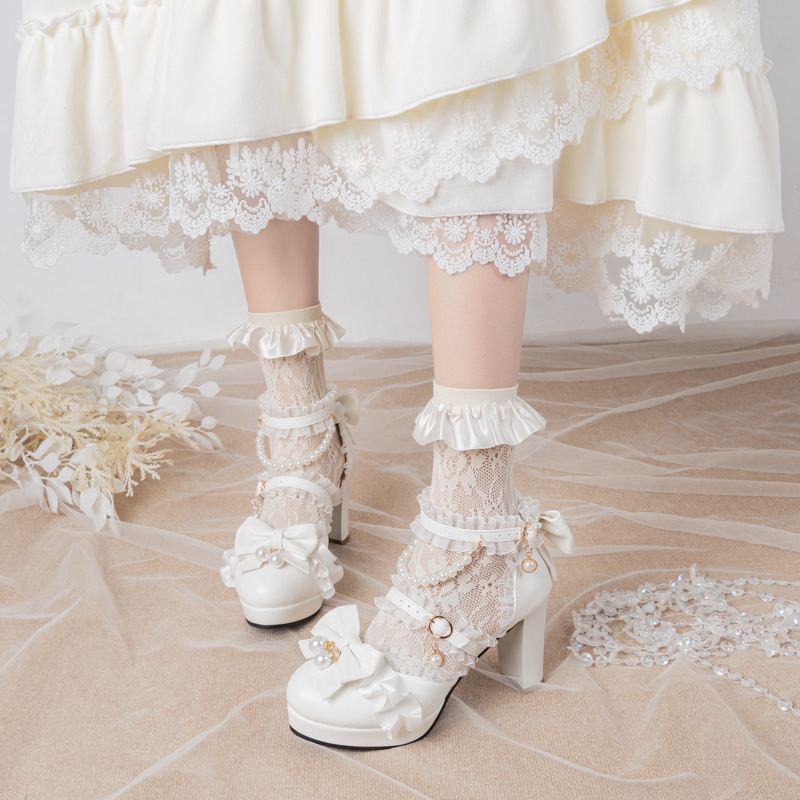 Source Foreign Trade New Pearl Bow Lace High Heel Hollow Sandals Beaded Lolita Platform Shoes