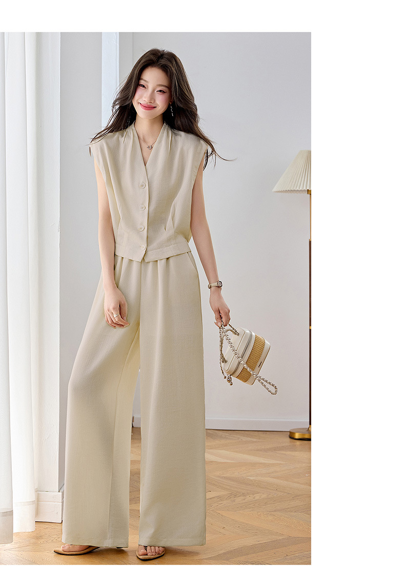 Bộ vest nữ hai dây phối quần ống rộng — màu kaki, màu trắng ngà, màu cà phê chi tiết 28