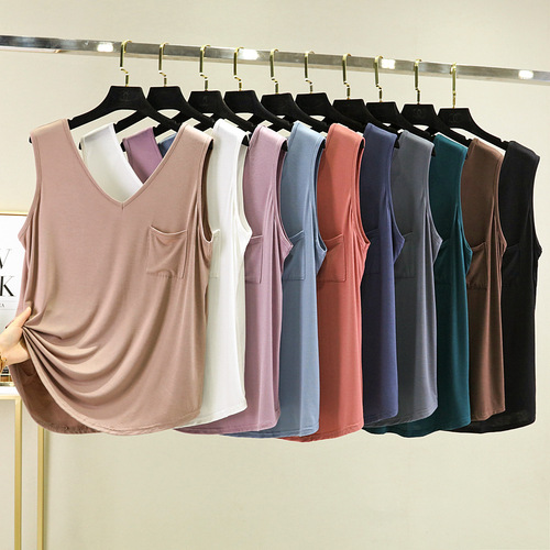 夏新款比特棉双V领口袋背心宽松宽松大码简约无袖打底衫纯色上衣
