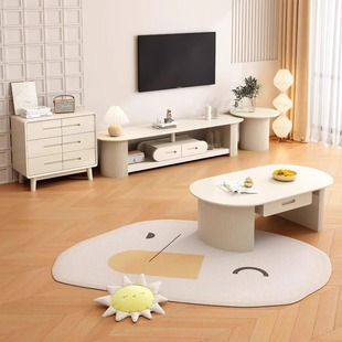 Nordic Solid Wood Tv Cabinet Coffee Table Combination Set Living Room Modern Simple Small Apartment Rounded Corner Log Cream Floor Cabinet