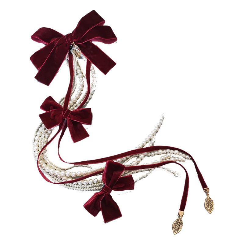 Украшение для волос невесты Красный тост шарм бант жемчужная кисточка волос темперамент элегантное банкетное платье головной убор