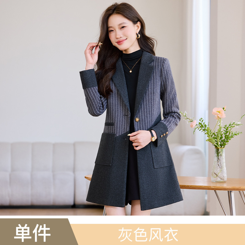 长款西装风衣外套女秋冬季25新款高级感厚款色职业休闲条纹大衣|undefined
