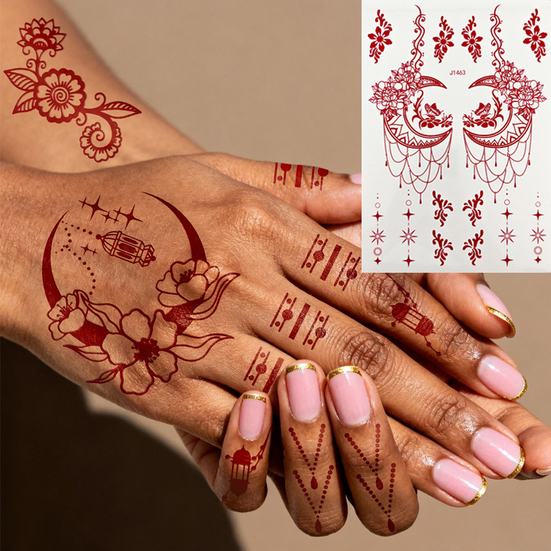 Brown-Red Patterned Indian Henna Tattoo Stickers, Star and Moon Pattern Hand and Foot Stickers, Temporary Body Art Decoration Stickers for Cross-Border Sales Brown-Red Patterned Indian Henna Tattoo Stickers, Star and Moon Pattern Hand and Foot Stickers, Temporary Body Art Decoration Stickers for Cross-Border Sales