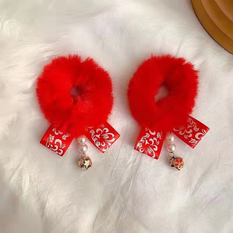 Año Nuevo accesorios para el cabello imitación conejo de peluche anillo de pelo estilo chino niños Hanfu accesorios para el cabello niña bebé Bola de piel roja estilo antiguo