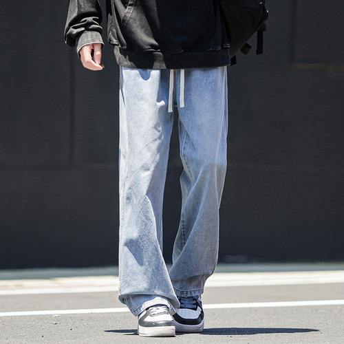 2025 Autumn/Winter Main Collection Men's Hong Kong Style Loose Straight Leg Washed Retro Elastic Waist Rubber Band Casual Pants