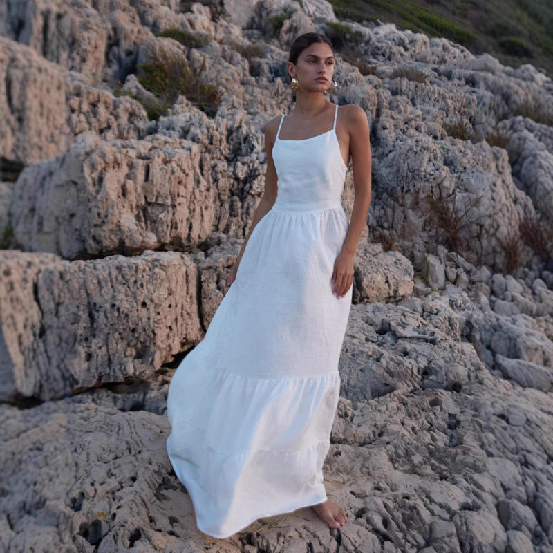 Cross-Border Linen Suspender Dress European and American 2025 Summer New Sexy Backless Tie-Up Long Dress Waist-Cinching Dress