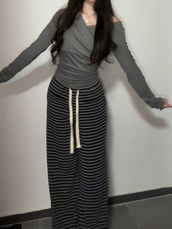 槿一 垂感懒懒裤 条纹慵懒风针织休闲裤女小个子宽松低腰长裤百搭|undefined