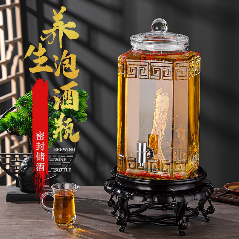 现货供应加厚玻璃泡酒瓶泡酒坛透明密封玻璃酿酒罐带底座龙头