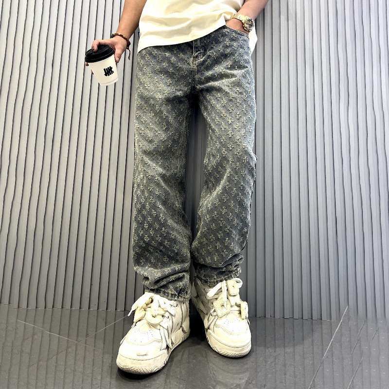 2026 Jacquard Full-Print High Street Fashion Brand Ins-Style Design Jeans Loose Straight Fit Washed Wide-Leg Long Pants