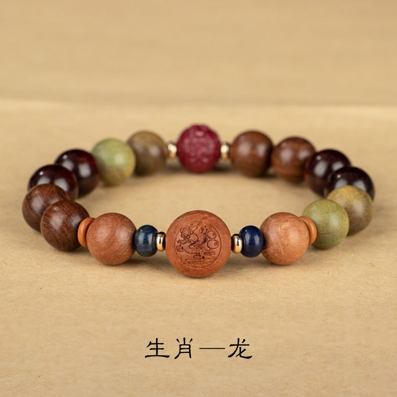 Estilo chino doce Zodiaco verde sándalo pulsera mujer dragón Zodiaco pulsera cinabrio suerte cuentas pareja pulsera