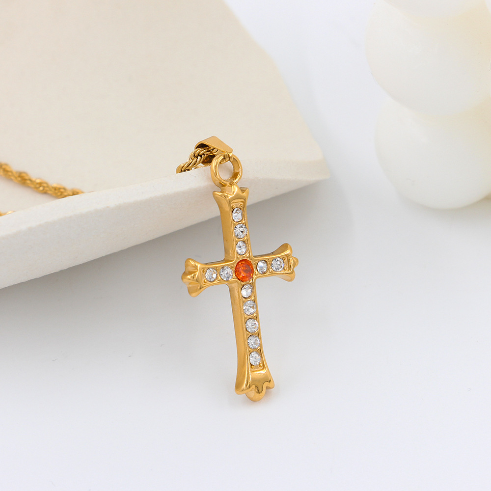 Fashion Cross Stainless Steel Plating Zircon Pendant Necklace_colorza_6