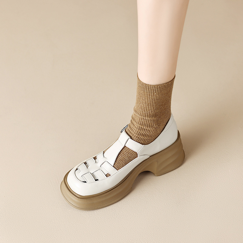 2025夏新款真皮厚底T型带镂空玛丽珍鞋女粗跟松糕底圆头漆皮单鞋