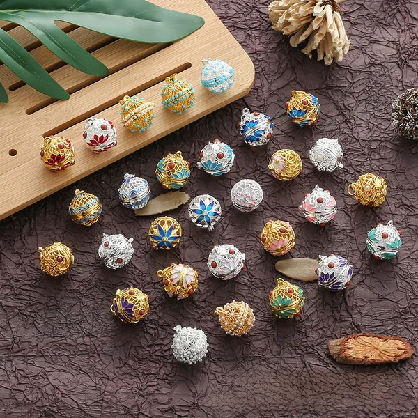 Pure Copper Enamel Gawu Box Cut Out Aromatherapy Lotus Cloisonné Pendant Buddha Beads Can Hold Incense Pills and Sutra Sachet Palace Bell