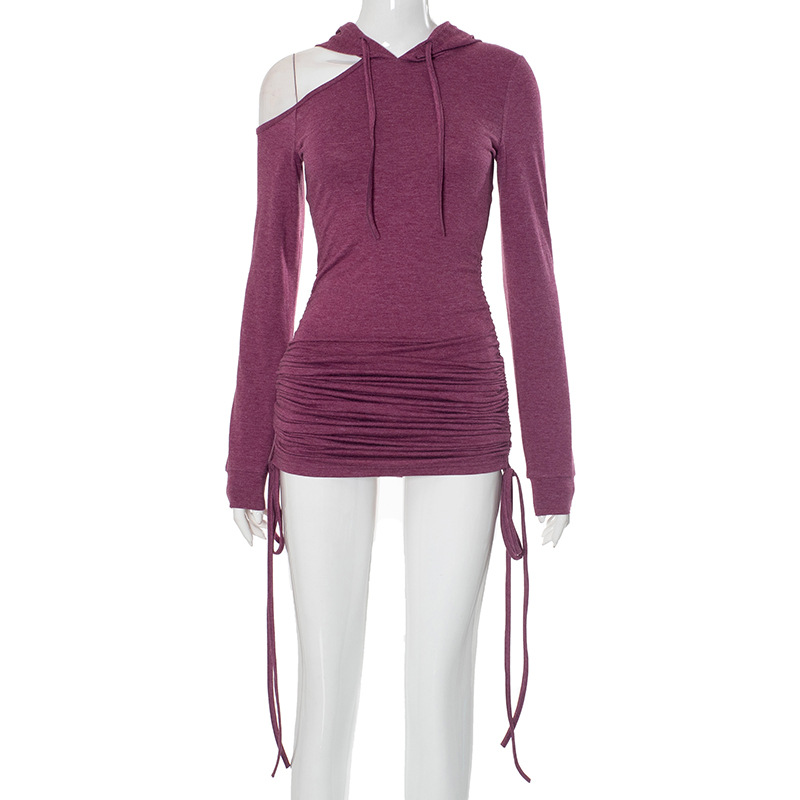 Autumn Solid Color Slim off the Shoulder Drawstring Dress Women