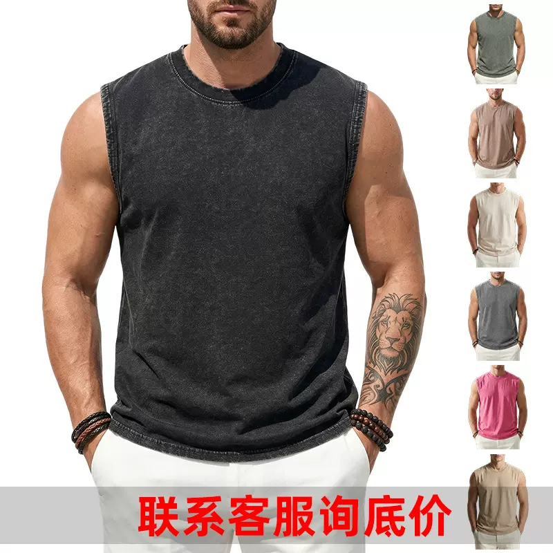 亚马逊跨境230G纯棉水洗做旧圆领无袖t恤男美式潮牌坎肩背心批发