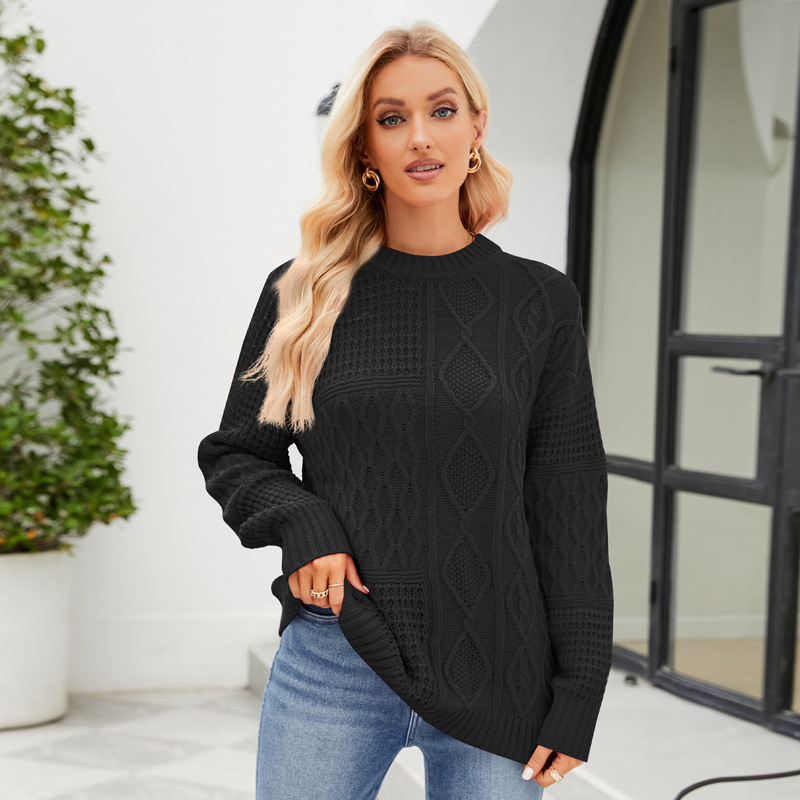 Amazon popular giro casual color sólido cuello redondo suéter perezoso estilo otoño e invierno nuevo suéter suelto
