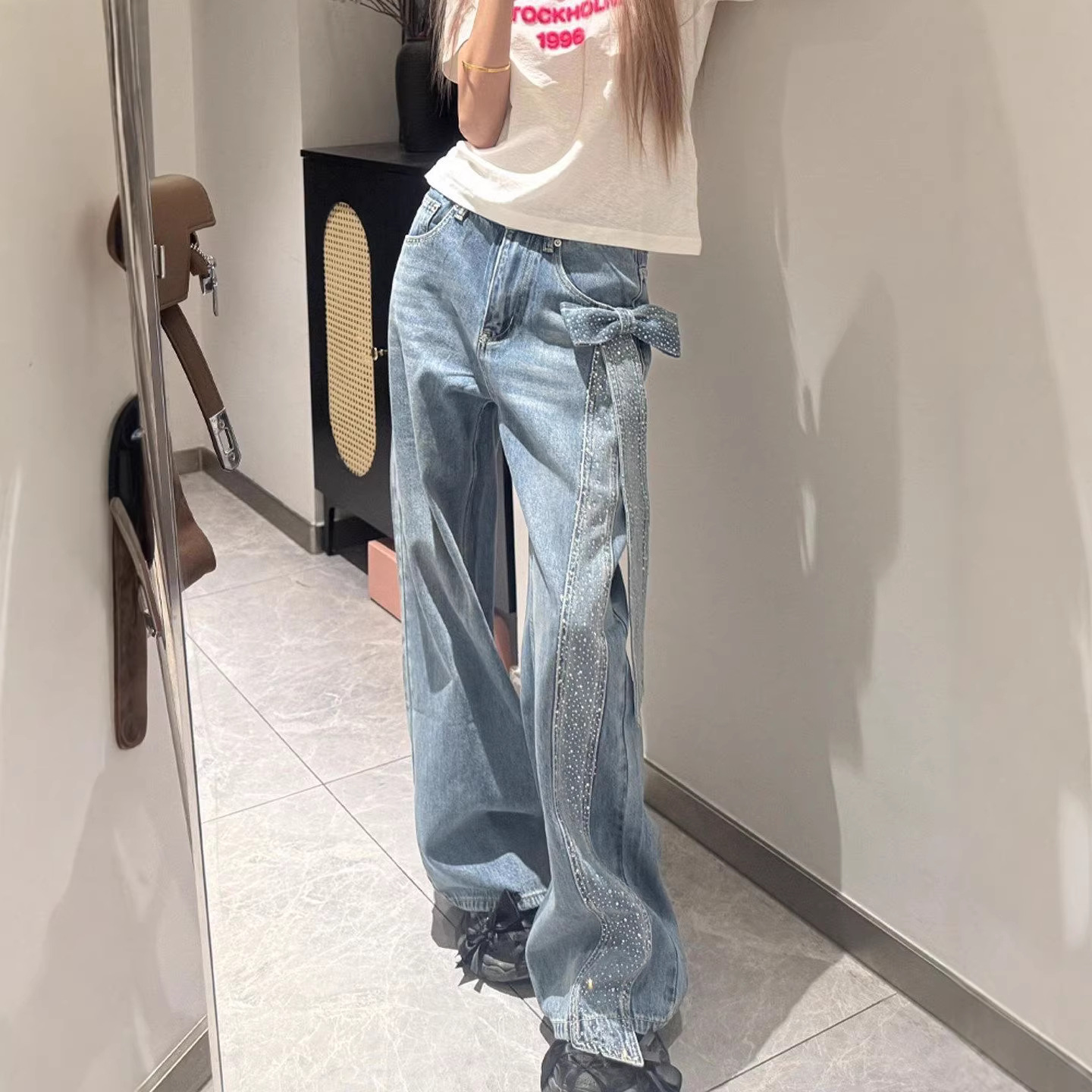 Women's Retro Style Rhinestone Bow Tie Denim Jeans Star Print Loose Fit Casual Long Pants For Spring And Autumn_voghion.com